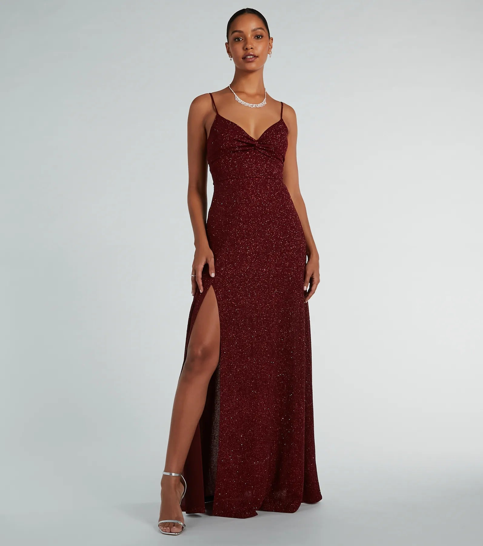 A-line V-neck Knit Slit Glittering Cutout Spaghetti Strap Evening Dress/Prom Dress/Party Dress