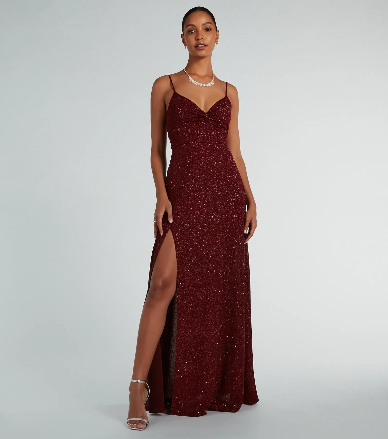 A-line V-neck Spaghetti Strap Glittering Cutout Slit Knit Evening Dress/Prom Dress/Party Dress