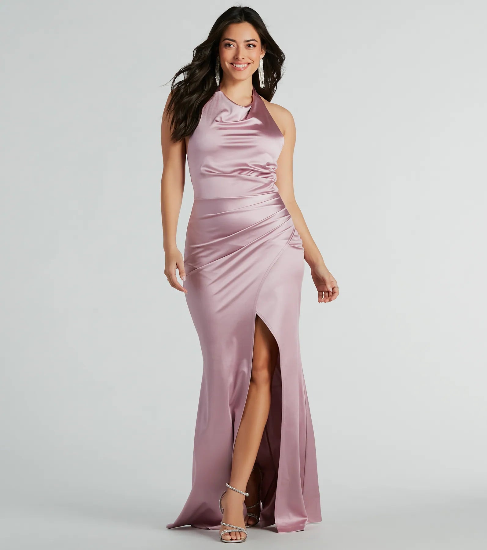 Sophisticated Slit Pleated Wrap Open-Back Mermaid Floor Length Cowl Neck Halter Bridesmaid Dress/Party Dress