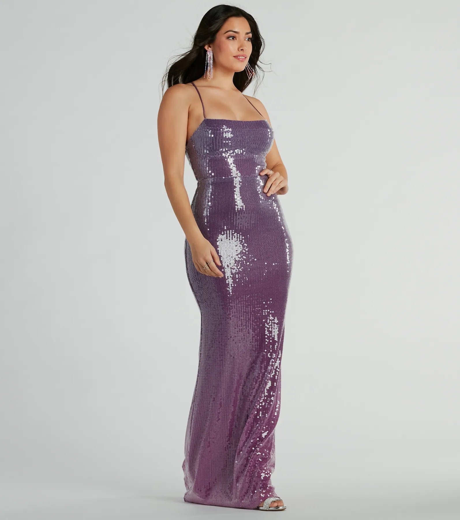 Floor Length Lace-Up Sequined Mesh Cowl Neck Spaghetti Strap Mermaid Prom Dress