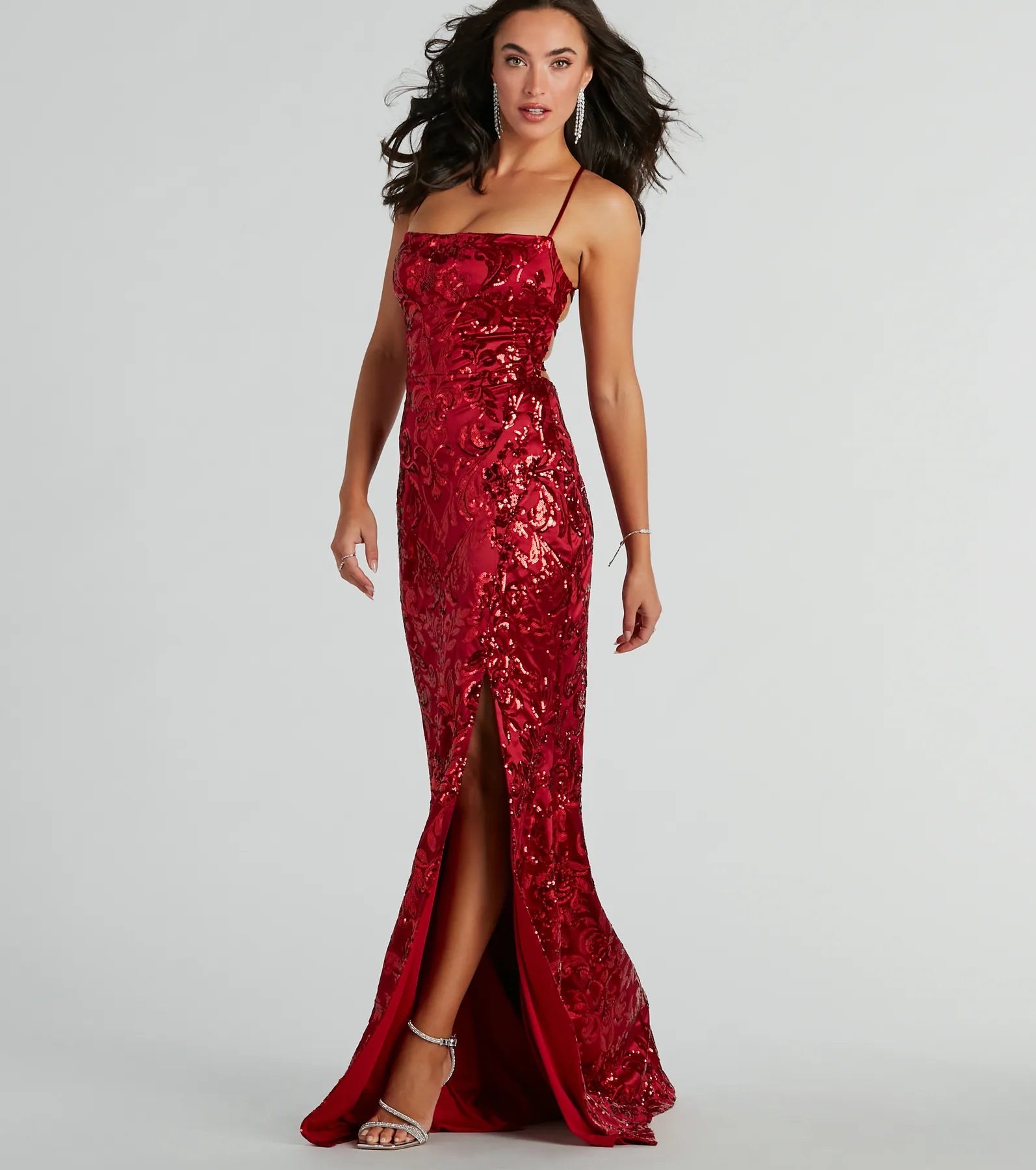 Mermaid Sequined Slit Lace-Up Open-Back General Print Satin Floor Length Spaghetti Strap Square Neck Dress