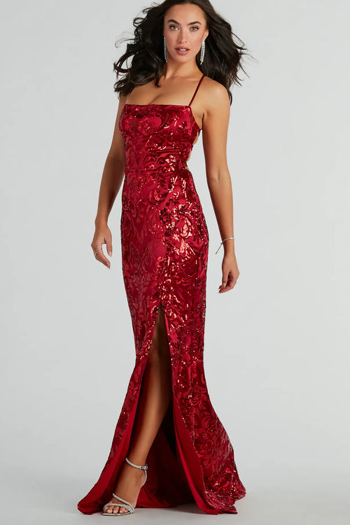 STONEY BELTED SATIN EVENING DRESS RED