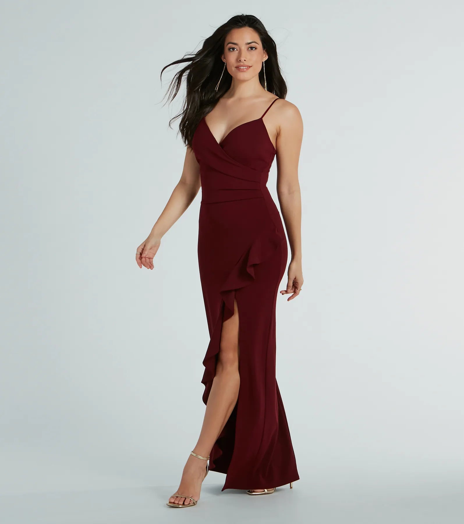 Sophisticated V-neck Floor Length Crepe Back Zipper Slit Spaghetti Strap Ruffle Trim Bridesmaid Dress