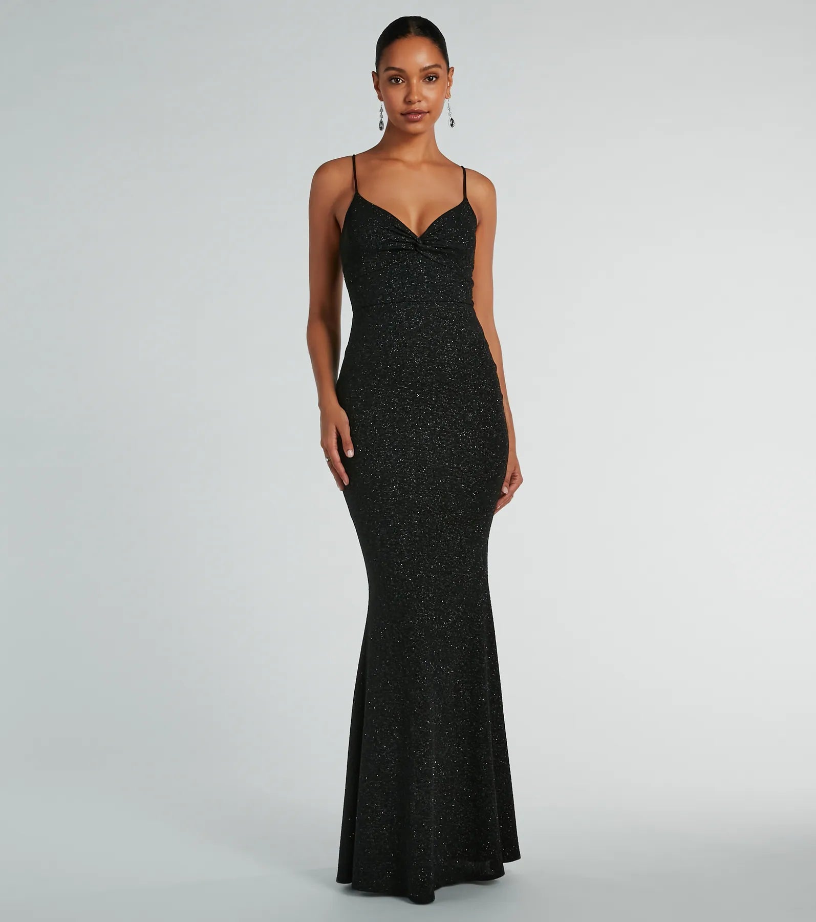 Sweetheart Mermaid Sleeveless Spaghetti Strap Floor Length Glittering Cutout Ruched Knit Dress With Rhinestones