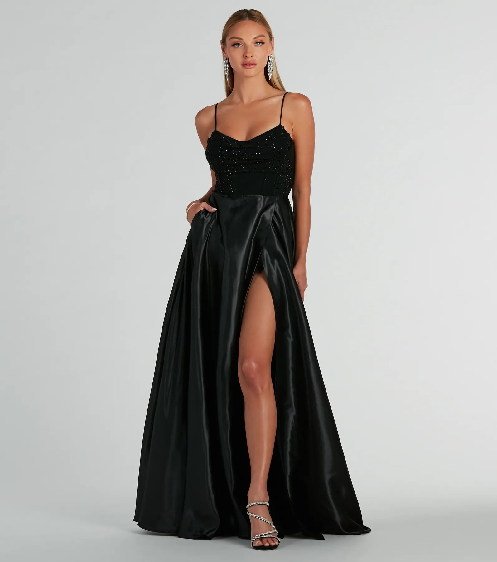 A-line Pocketed Wrap Mesh Slit Spaghetti Strap Cowl Neck Floor Length Satin Dress