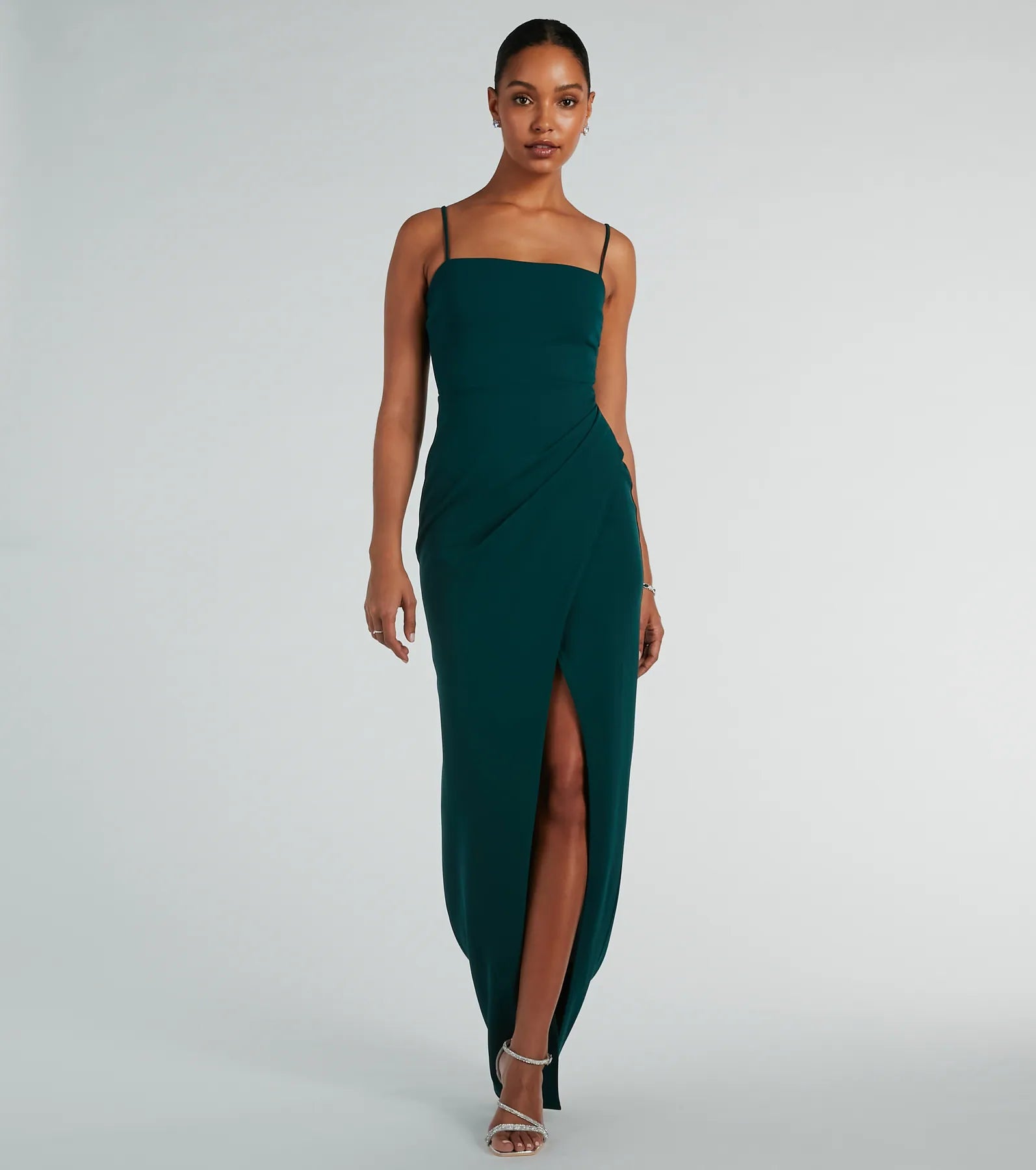 Crepe Wrap Slit Square Neck Sleeveless Spaghetti Strap Bridesmaid Dress