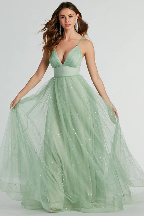 Final Sale Plus Size Strapless Deep V Maxi Tulle Dress with Slit in Re