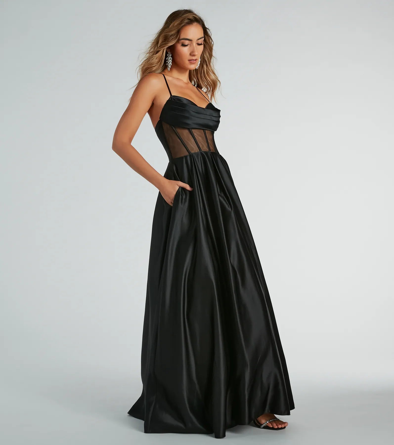 Sophisticated A-line Cowl Neck Sleeveless Spaghetti Strap Floor Length Pocketed Pleated Lace-Up Sheer Back Zipper Corset Waistline Ball Gown Prom Dress