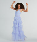 A-line V-neck Floor Length Tulle Back Zipper V Back Pleated Ruffle Trim Sleeveless Prom Dress