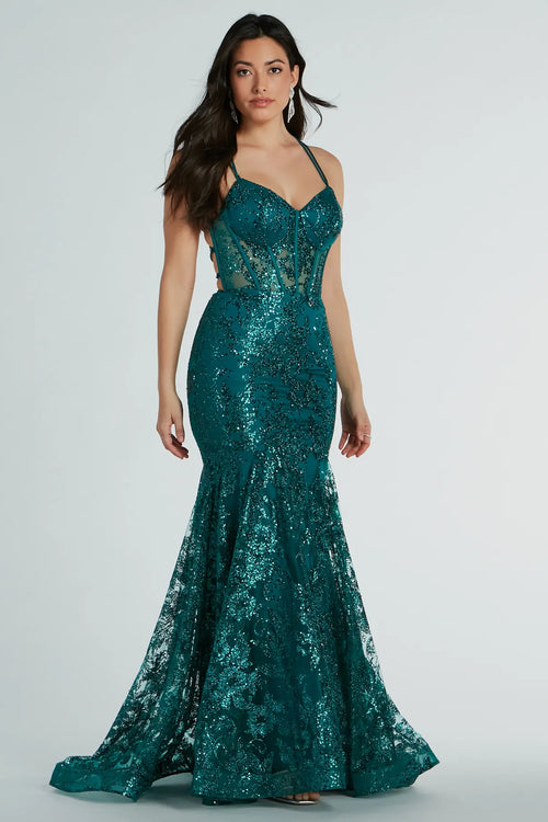 A Line V Neck Green Lace Long Prom Dresses, Green Lace Formal Dresses, –  Shiny Party