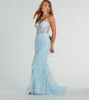 General Print Flutter Sleeves Mermaid Corset Waistline Sweetheart Lace-Up Mesh Sequined Sheer Glittering Tulle Floor Length Prom Dress