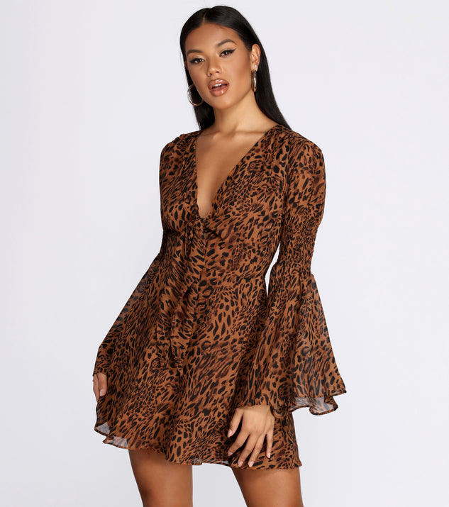 Leopard Bell Sleeve Chiffon Mini Dress & Windsor