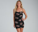 Floral Print Sleeveless Spaghetti Strap Short Knit Cowl Neck Mesh Sheer Bodycon Dress