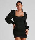 Short Back Zipper Ruched Mesh Sheer Smocked Square Neck Peasant Dress/Bodycon Dress With Ruffles