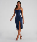 A-line Fitted Slit Cowl Neck Sleeveless Spaghetti Strap Skater Dress/Midi Dress