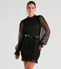 Back Zipper Belted Ruched Mesh Pleated Sheer Fall Short Mock Neck Dress With Ruffles