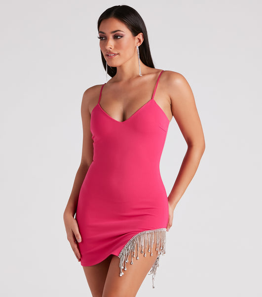 V-neck Fitted Slit Frill Trim Sleeveless Spaghetti Strap Short Bodycon Dress/Party Dress With Rhinestones