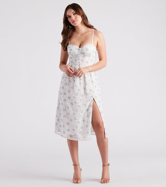 A-line Floral Print Smocked Sweetheart Spring Back Zipper Embroidered Stretchy Slit Button Front Ruched Flowy Sleeveless Spaghetti Strap Skater Dress/Midi Dress