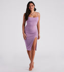 Sleeveless Spaghetti Strap Cowl Neck Knit Ruched Slit Fitted Glittering Party Dress/Midi Dress