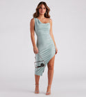 Ruched Stretchy Slit Cowl Neck Knit Sleeveless Spaghetti Strap Tank Midi Dress