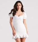 Short Ruffle Trim Tiered Ruched Puff Sleeves Short Sleeves Sleeves Sweetheart Bodycon Dress