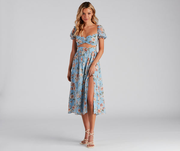 Smocked Sweetheart Floral Print Slit Ruched Flowy Cutout Puff Sleeves Sleeves Chiffon Maxi Dress/Midi Dress