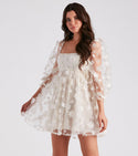 Puff Sleeves Sleeves Square Neck Glittering Flower(s) Mesh Sheer Fitted Fit-and-Flare Skater Dress/Midi Dress