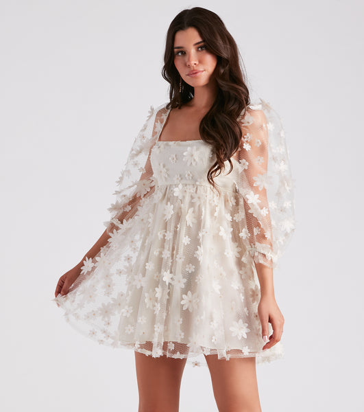 Fit-and-Flare Puff Sleeves Sleeves Square Neck Flower(s) Sheer Fitted Glittering Mesh Skater Dress/Midi Dress