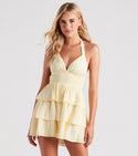 V-neck Short Halter Smocked Twill Sleeveless Open-Back Fitted Tiered Stretchy Fit-and-Flare Skater Dress With Ruffles