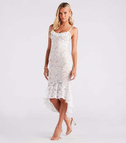 V-neck High-Low-Hem Floral Print Stretchy Ruffle Trim Sleeveless Spaghetti Strap Skater Dress/Wedding Dress/Midi Dress With Rhinestones