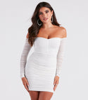 Short Knit Long Sleeves Off the Shoulder Ruched Mesh Stretchy Back Zipper Fitted Sheer Sweetheart Bodycon Dress/Party Dress With Rhinestones