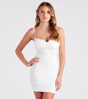 Sheer Mesh Ruched Sweetheart Short Knit Sleeveless Spaghetti Strap Ruffle Trim Bodycon Dress With Pearls