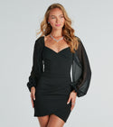 V-neck Sheer Wrap Long Sleeves Short Peasant Dress/Bodycon Dress