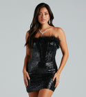 Strapless Knit Sequined Back Zipper Mesh Bodycon Dress/Party Dress