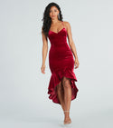 V-neck Ruffle Trim Spaghetti Strap Mermaid High-Low-Hem Midi Dress