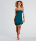 Square Neck Spaghetti Strap Glittering Tiered Knit Short Bodycon Dress With Ruffles