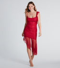 Knit Cowl Neck Sleeveless Spaghetti Strap Sheer Asymmetric Mesh Glittering Midi Dress With Ruffles