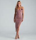 V-neck Applique Glittering Ruched Mesh Flower(s) Asymmetric Slit Knit Spaghetti Strap Bodycon Dress/Midi Dress