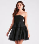 Strapless Fit-and-Flare Smocked Fitted Sheer Tiered Stretchy Skater Dress/Midi Dress With a Bow(s) and Rhinestones and Ruffles