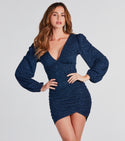 V-neck Plunging Neck Knit Self Tie Glittering Ruched Short Peasant Dress/Bodycon Dress