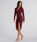 V-neck Knit Glittering Fitted Slit Ruched Long Sleeves Bodycon Dress/Midi Dress