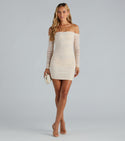 Mesh Ruched Fitted Sheer Square Neck Knit Off the Shoulder Ruffle Trim Short Bodycon Dress With Pearls