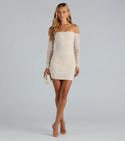 Knit Short Square Neck Off the Shoulder Ruffle Trim Mesh Sheer Ruched Fitted Bodycon Dress With Pearls