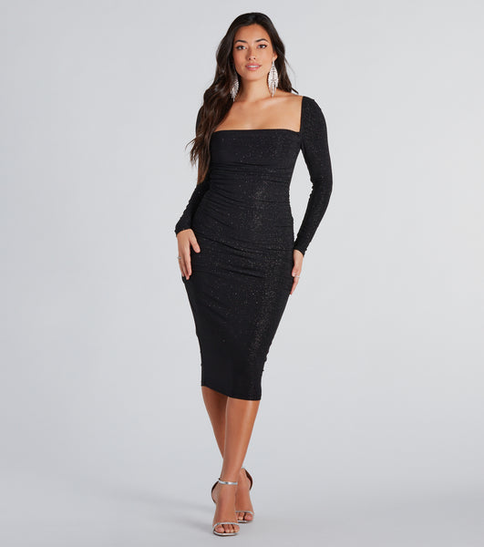 Fitted Ruched Glittering Knit Long Sleeves Cowl Neck Bodycon Dress/Party Dress/Midi Dress