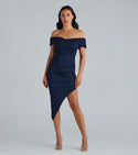 Short Sleeves Sleeves Off the Shoulder Knit Glittering Ruched Slit Asymmetric Bodycon Dress/Party Dress/Midi Dress