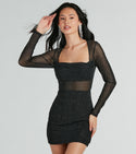 Sexy Long Sleeves Draped Glittering Sheer Fitted Sheer Back Mesh Cowl Neck Square Neck Knit Short Bodycon Dress/Party Dress