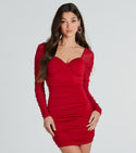 Sweetheart Short Long Sleeves Ruched Fitted Mesh Sheer Knit Bodycon Dress With Pearls