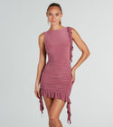 Short Knit Sleeveless Bateau Neck Ruffle Trim Ruched Open-Back Bodycon Dress