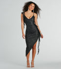 V-neck Ruffle Trim Knit Flowy Glittering Asymmetric Mesh Ruched Sleeveless Spaghetti Strap Bodycon Dress/Midi Dress