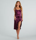 Sophisticated Sweetheart Slit Satin Corset Waistline Ruffle Trim Tank Midi Dress